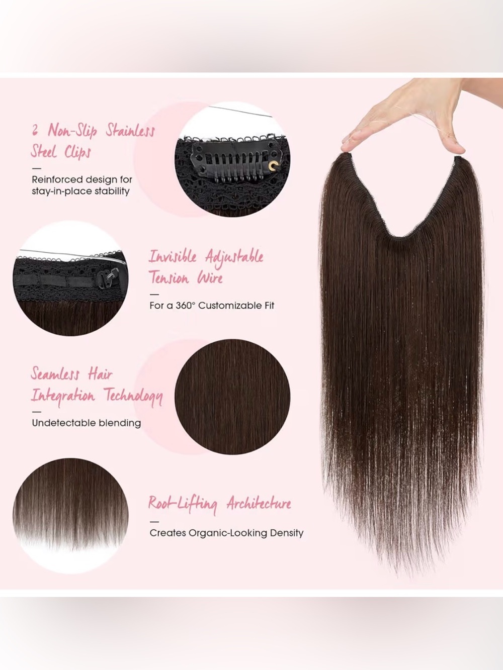 18” Dark Brown #4 Halo‎ Fishwire Clip-In Human Hair Extension 1pc #033 - Picture 3 of 14
